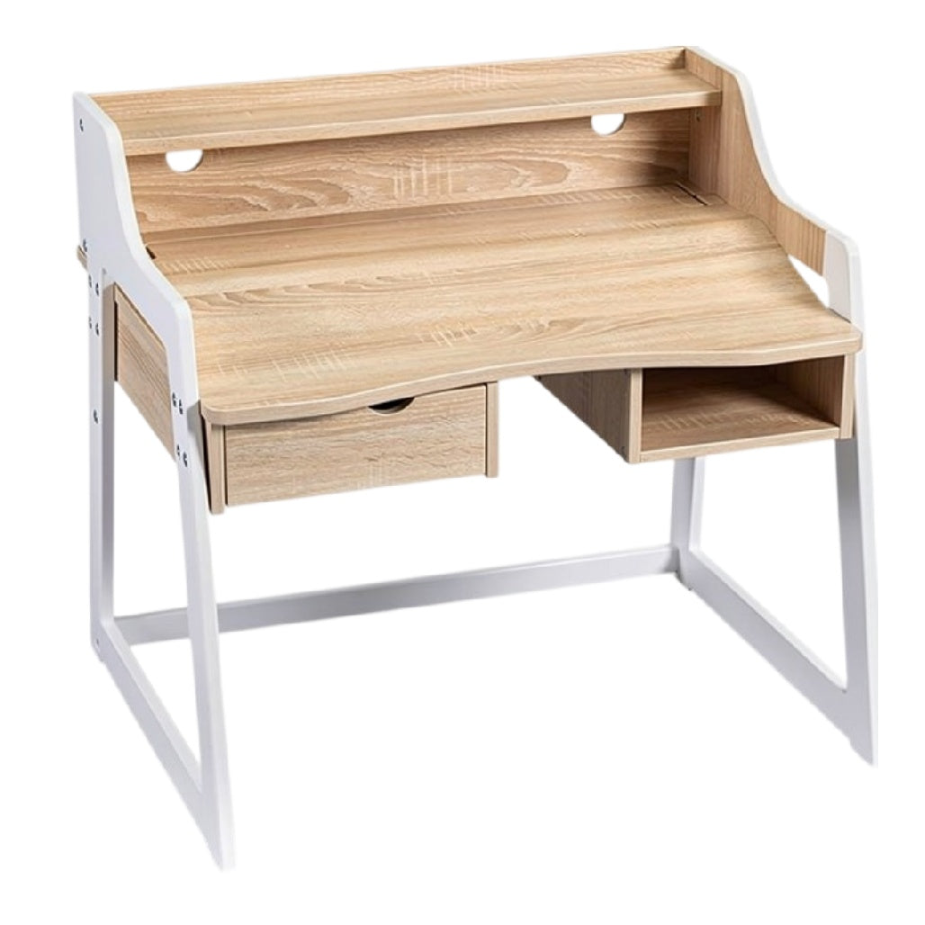 **Technische titel in het Nederlands: Elegante houten bureau met laden en open opbergruimte**